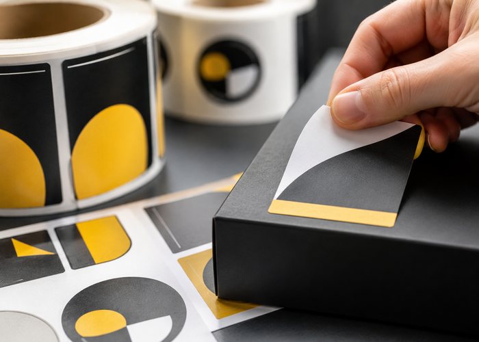 A hand applying a custom black and gold circular sticker to a small-business product box, alongside sheets of custom die-cut sticker shapes