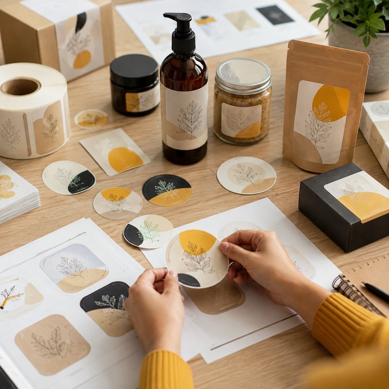 A selection of custom-shaped printed labels and stickers applied to small-business product packaging