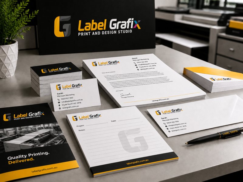 A Label Grafix branded business stationery set, including business cards, letterhead, a notepad and an envelope
