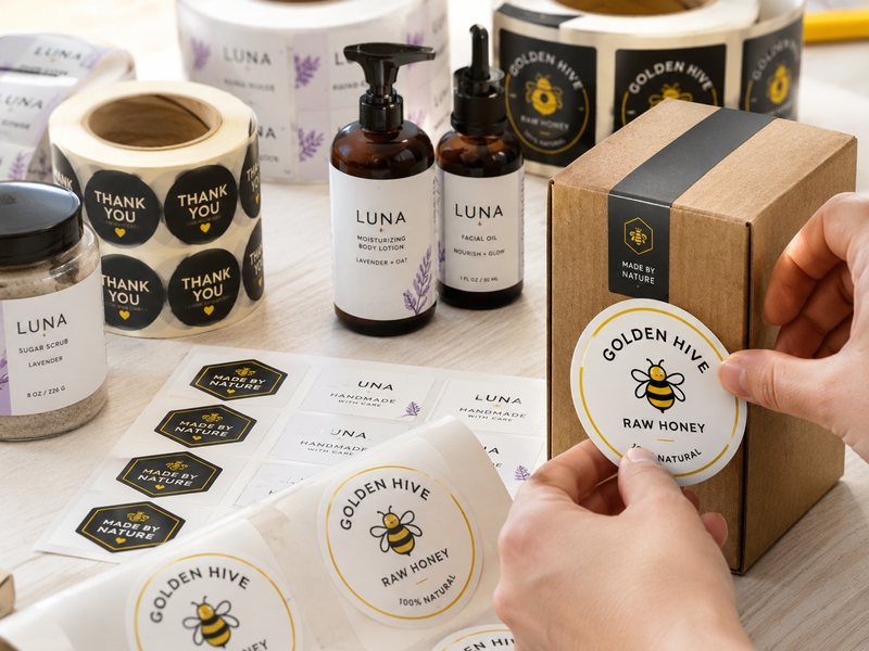 Custom printed product labels being applied by hand, alongside a sheet of finished labels