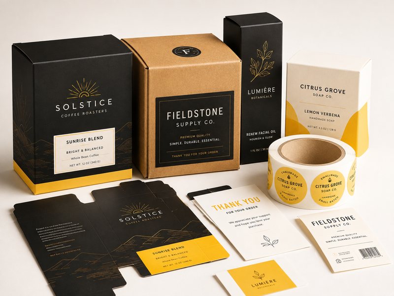 A range of branded product packaging boxes with custom printed labels applied