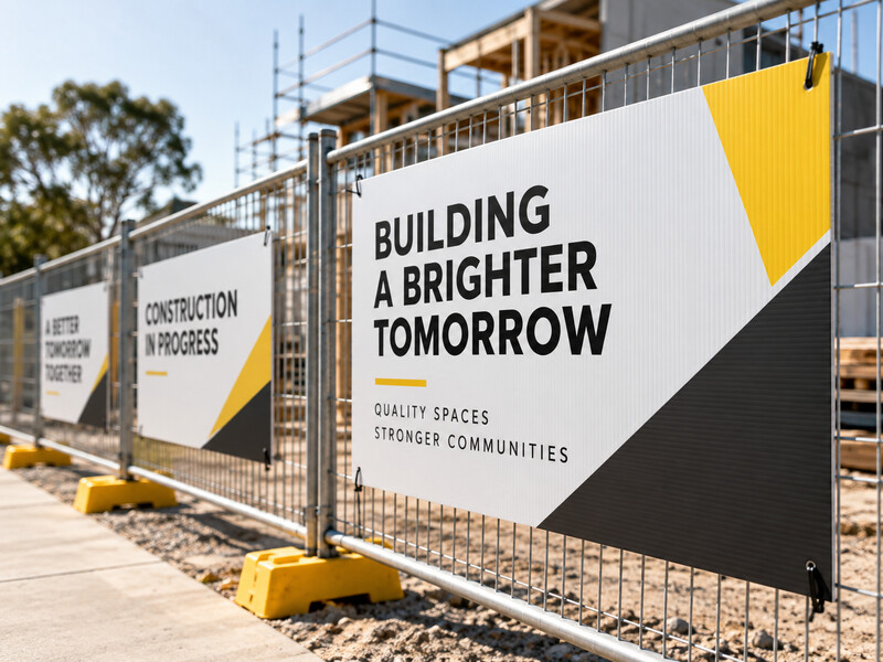 Corflute signs displayed on a construction site fence