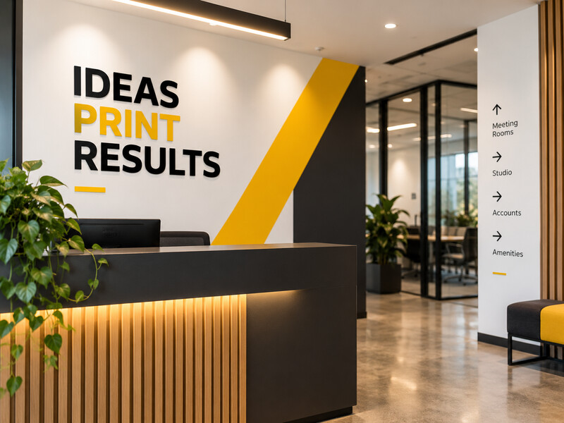 Indoor wall and directional signage in a business reception area