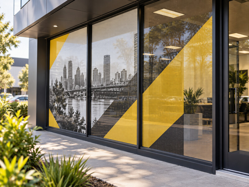 A one-way vision window graphic showing a city skyline, viewed from outside a shopfront window