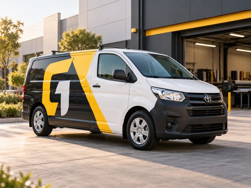 A branded work van featuring custom vehicle graphics