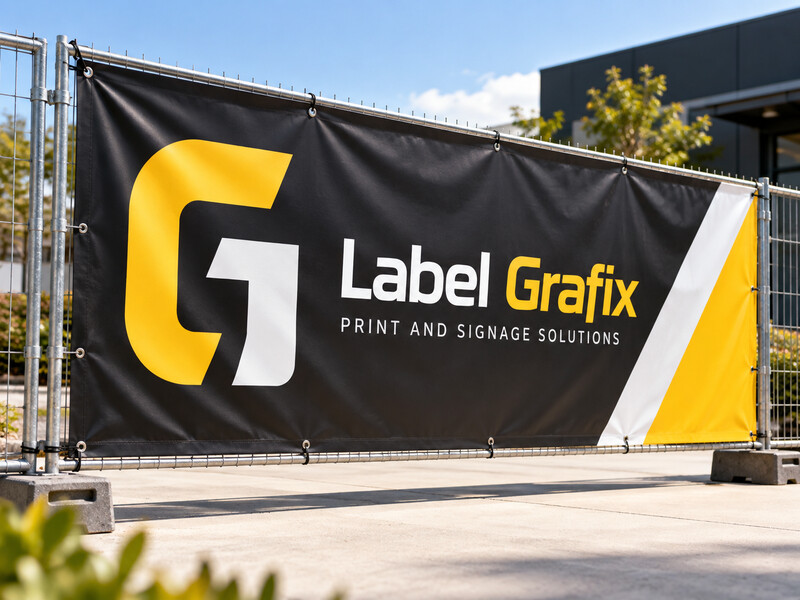 A large vinyl banner reading "Label Grafix — Print and Signage Solutions" mounted on a temporary site fence