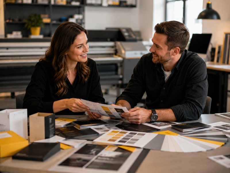 Label Grafix discussing a print project with a client, reviewing colour and material samples